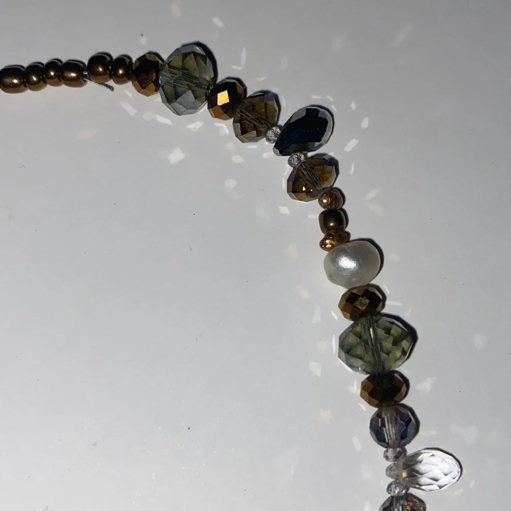 Beaded Necklace Featuring Grey, Brown and White Beads Including Pearls 17” L